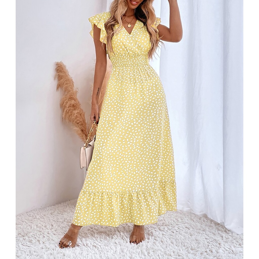 Yellow White Spot Print Ruffle Shirred Maxi Dress